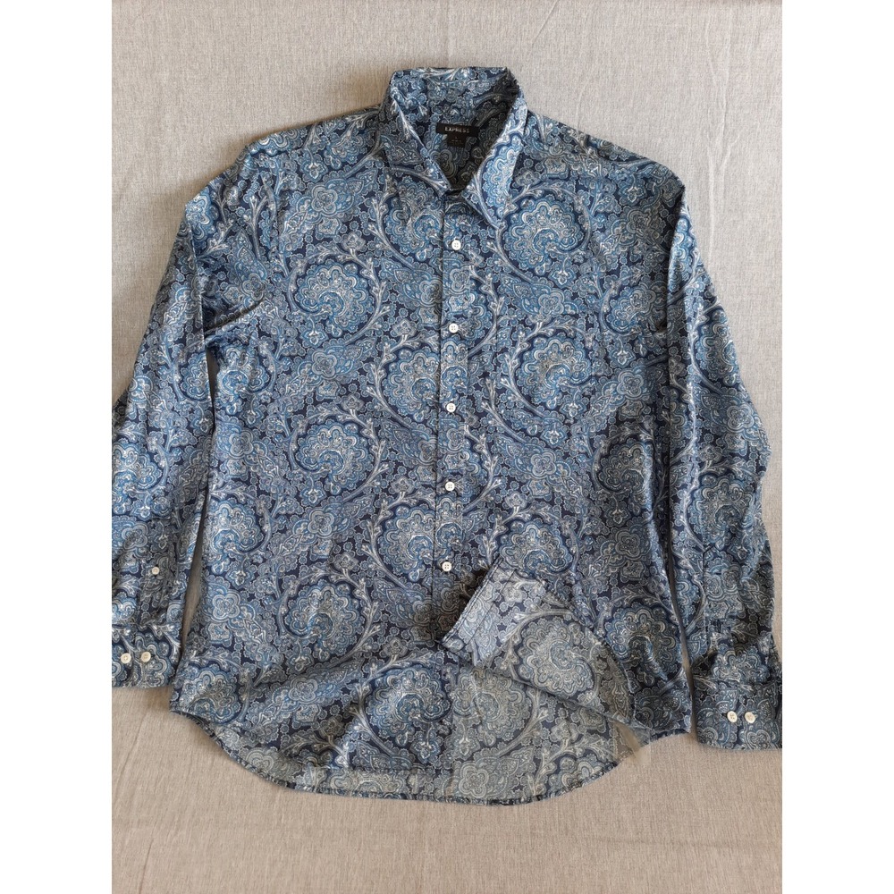 Express Men Large Cotton Printed Paisley Navy Blue Spread Collar‎ Button's Shirt